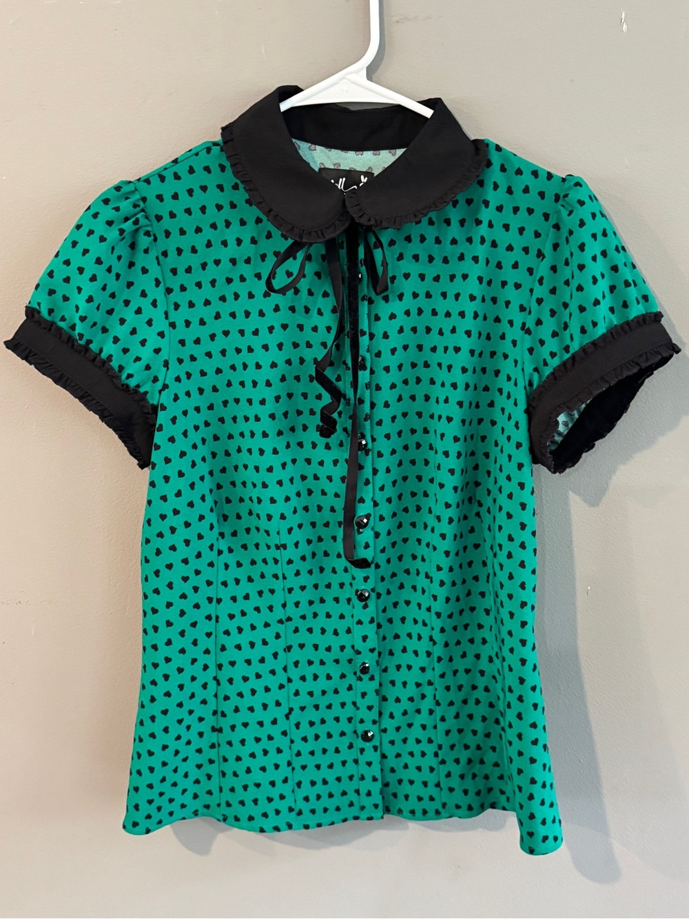 Hell Bunny Green Heart-Print Peter Pan Collar Blouse